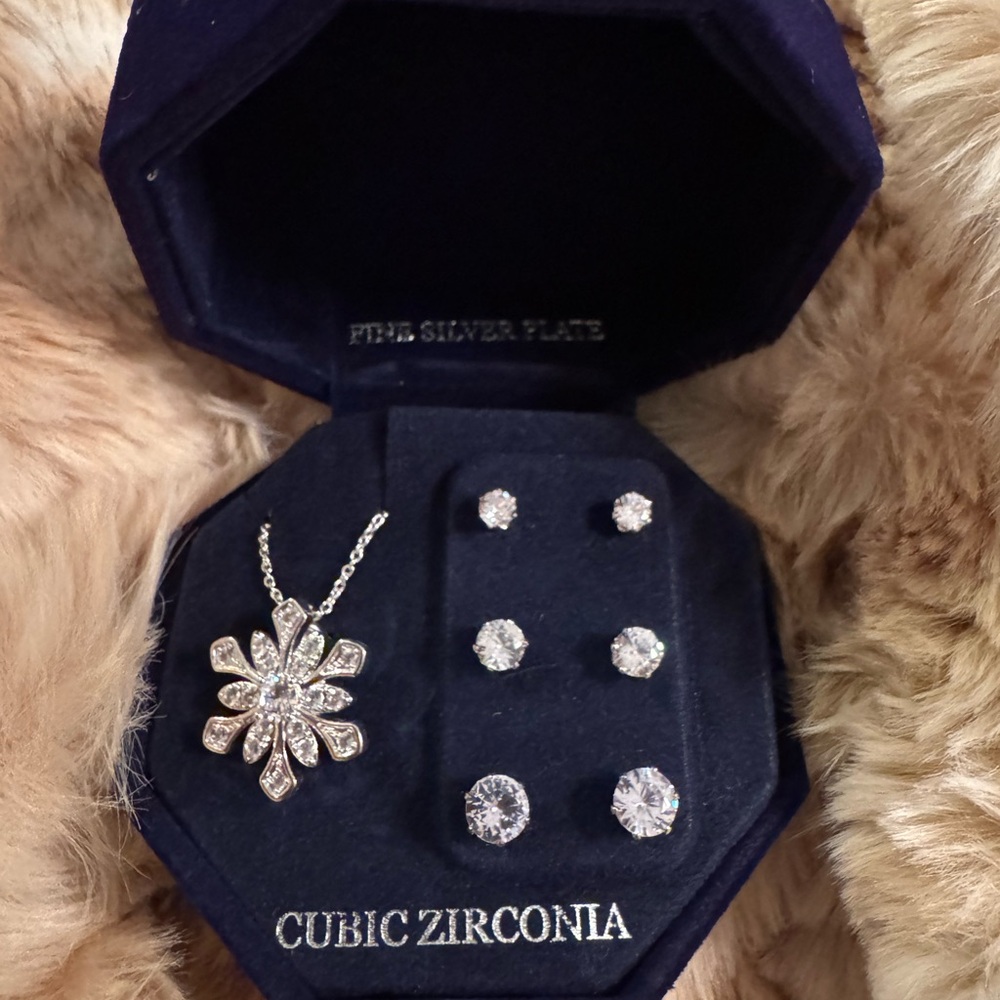 NIB Jewelry Set w/Snowflake Necklace & Three sets CZ Earrings - Picture 2 of 5